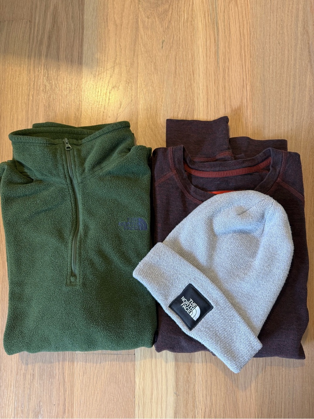 3pcs The North Face Men's Green Fleece Pullover Red Long sleeve Gray Hat Casual